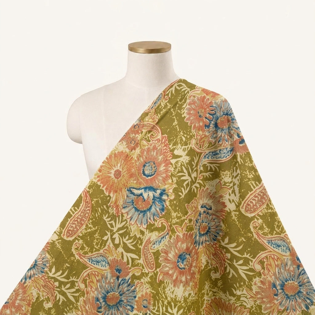 Floral Mehndi Green Floral Cotton Fabric Draped as a saree