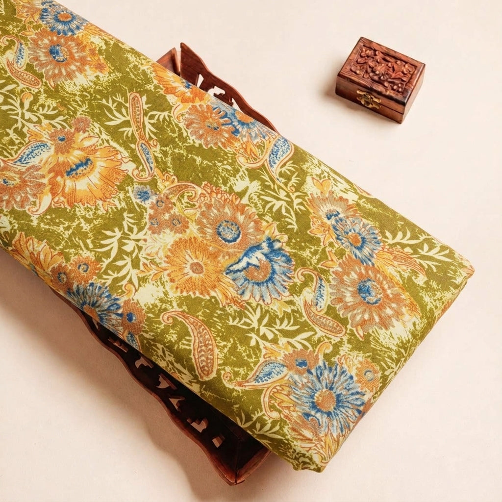 Folded Mehndi Green Floral Cotton Fabric Highlighting and Texture