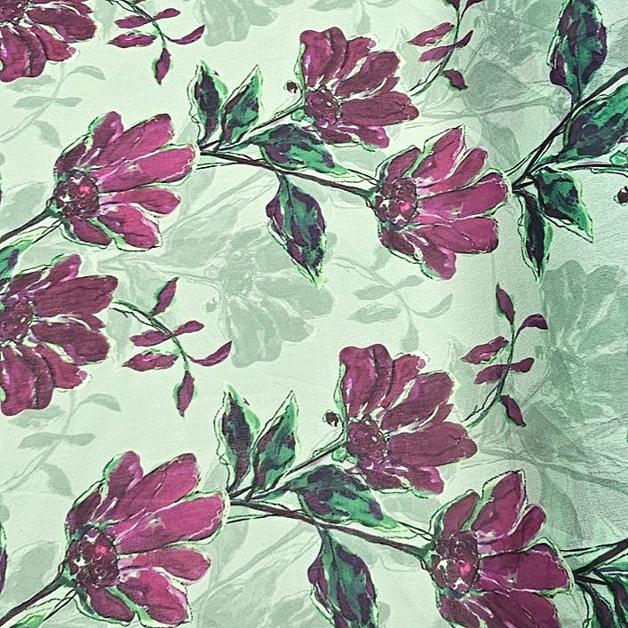 Green Floral Georgette Fabric - EL00205 - EL00205 - Flat fabric