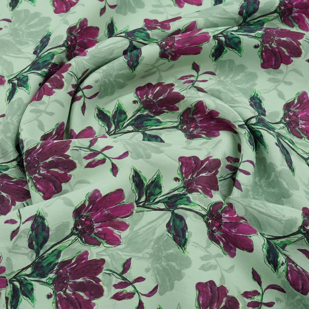 Swirled Floral Green Floral Georgette Fabric