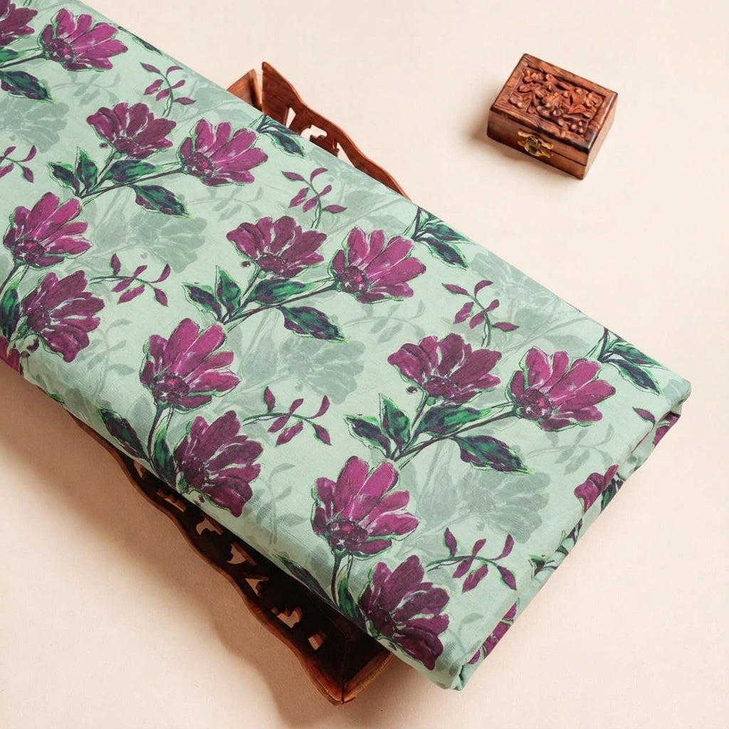 Folded Green Floral Georgette Fabric Highlighting and Texture