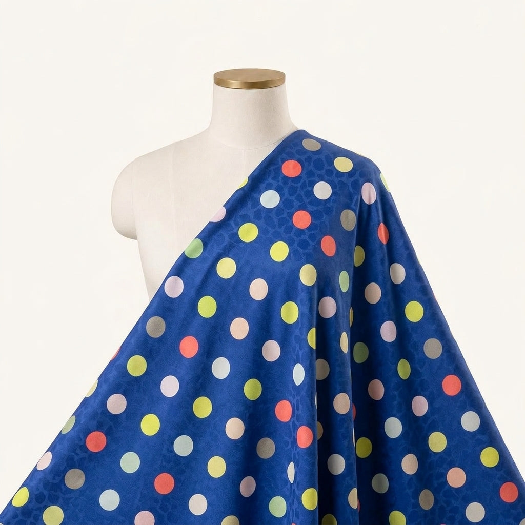Polka Dots Blue Polka Dots Satin Fabric Draped as a saree