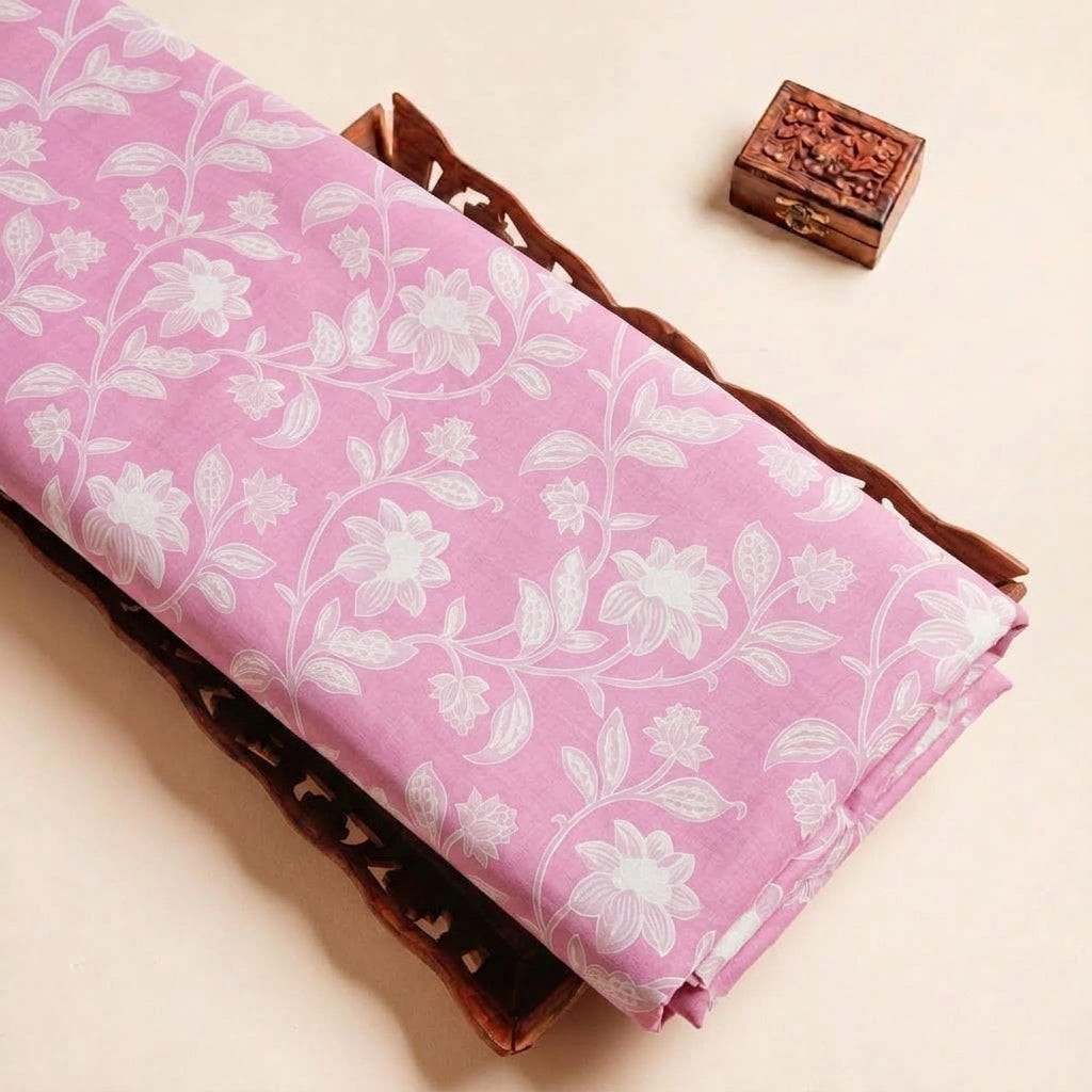 Folded Pink Floral Cotton Fabric Highlighting Polyester Mix and Texture