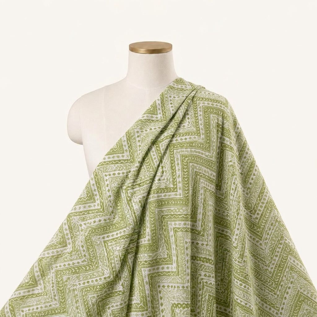 Chevron Green Chevron Cotton Fabric Draped as a saree