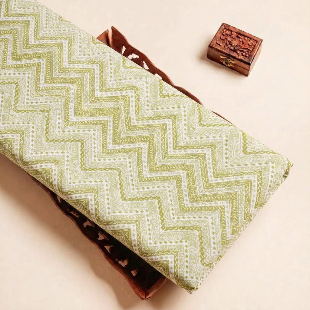 Folded Green Chevron Cotton Fabric Highlighting Polyester Mix and Texture