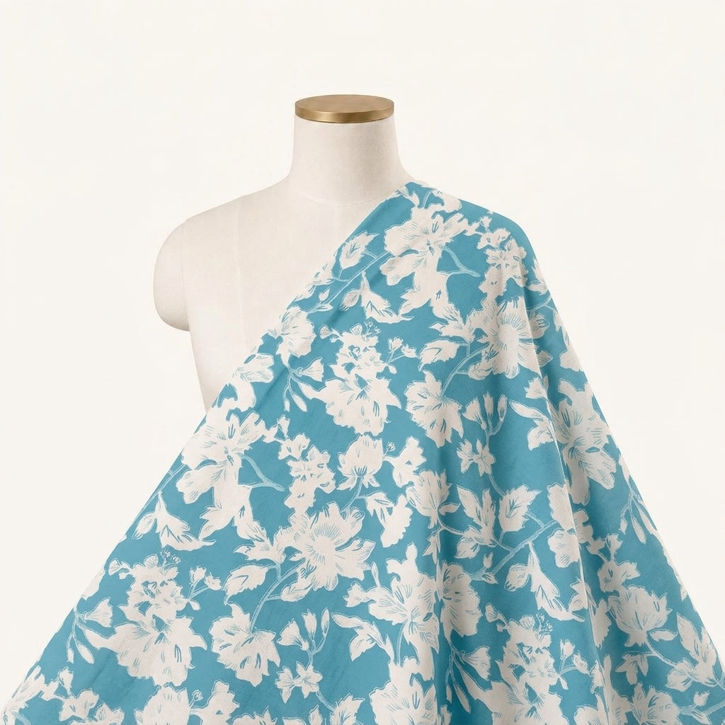 Floral Blue Floral Cotton Fabric Draped as a saree