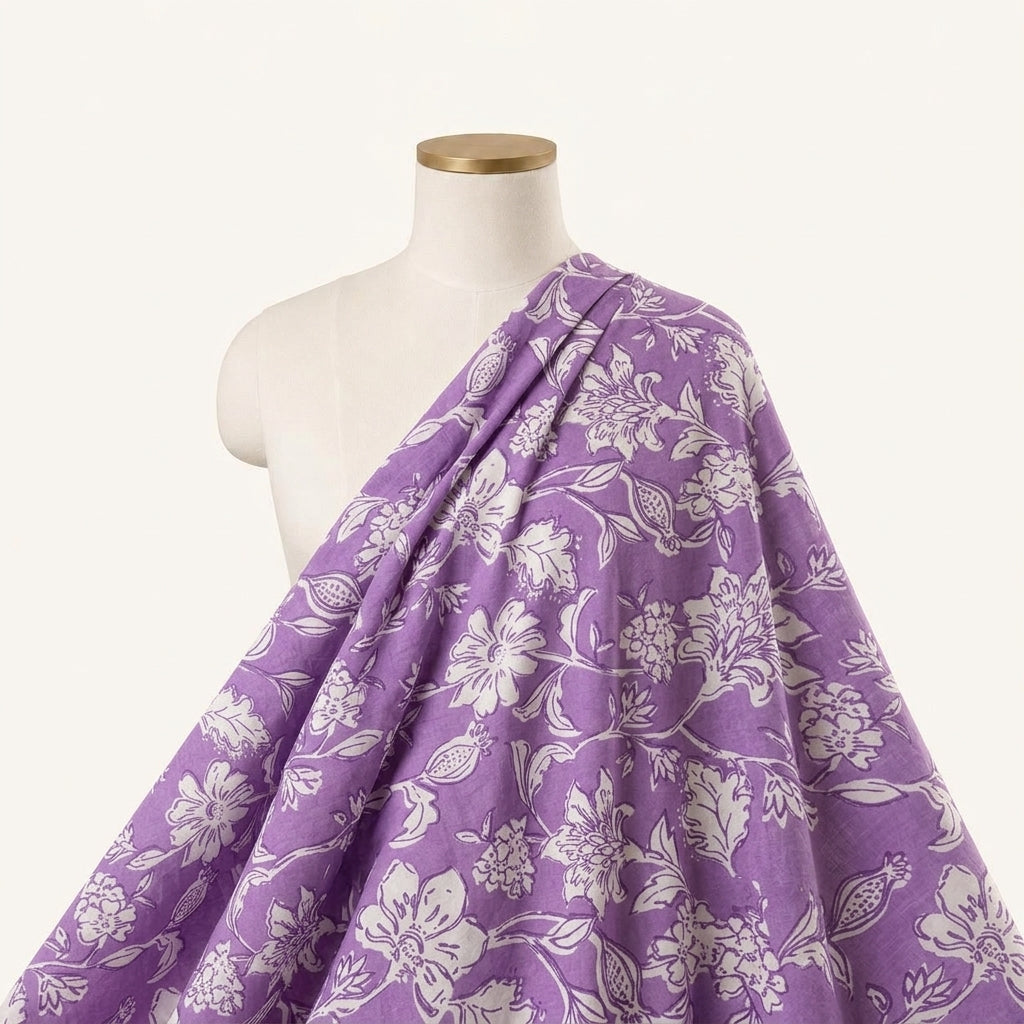 Floral Violet Floral Cotton Fabric Draped as a saree