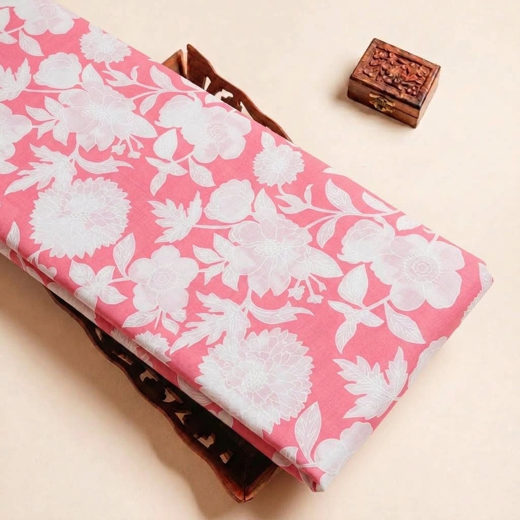Folded Pink Floral Cotton Fabric Highlighting Polyester Mix and Texture