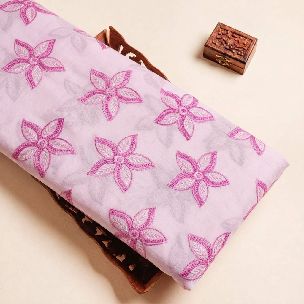 Folded Pink Embroidery Cotton Fabric Highlighting Thread Work Floral and Texture
