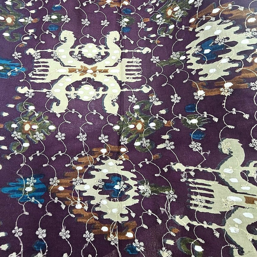 Purple Embroidery Cotton Fabric, laid flat
