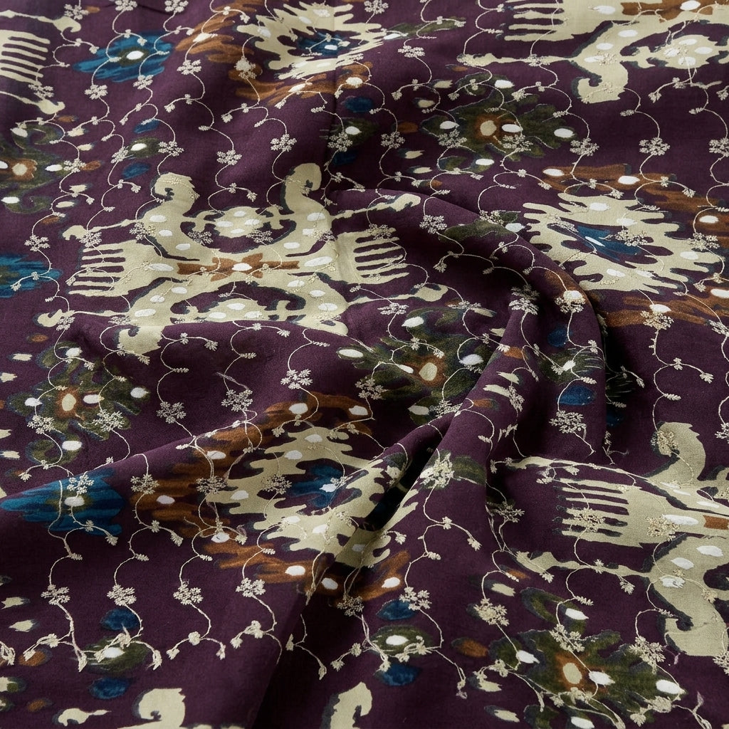 Swirled Purple Embroidery Cotton Fabric Showing Drape