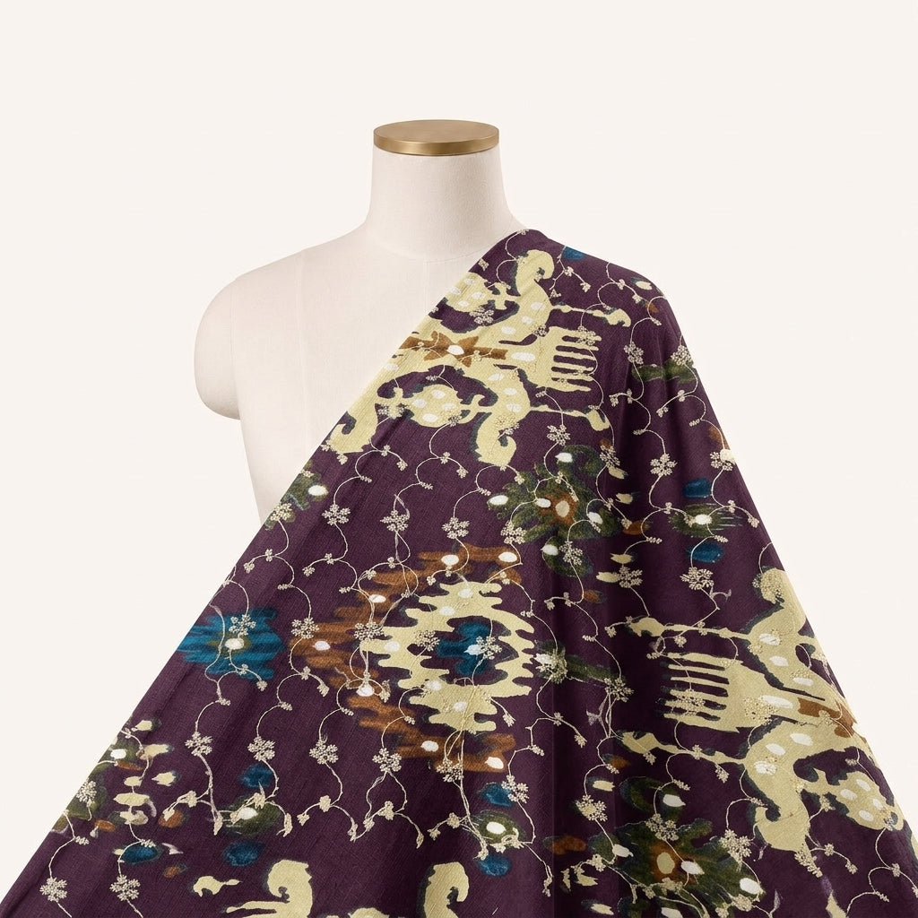 Purple Embroidery Cotton Fabric Draped as a saree