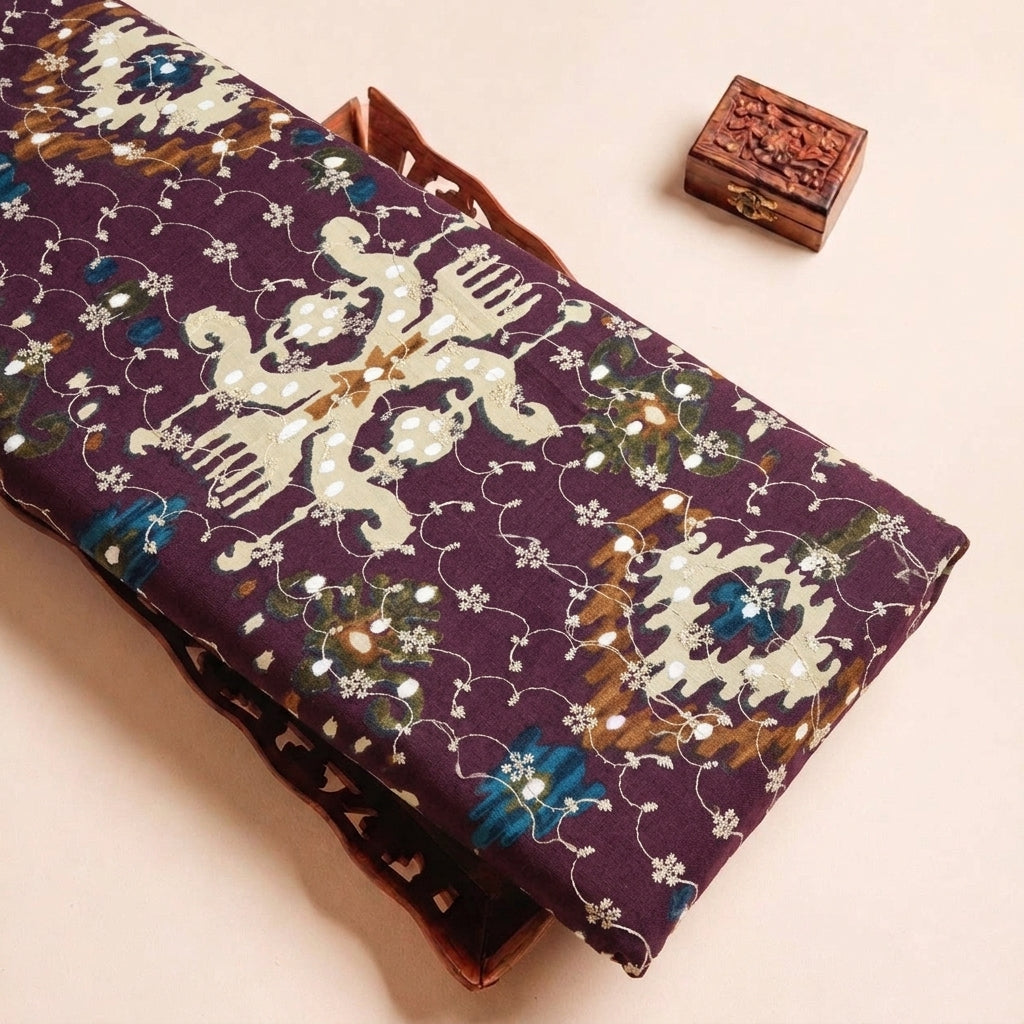 Folded Purple Embroidery Cotton Fabric Highlighting Texture