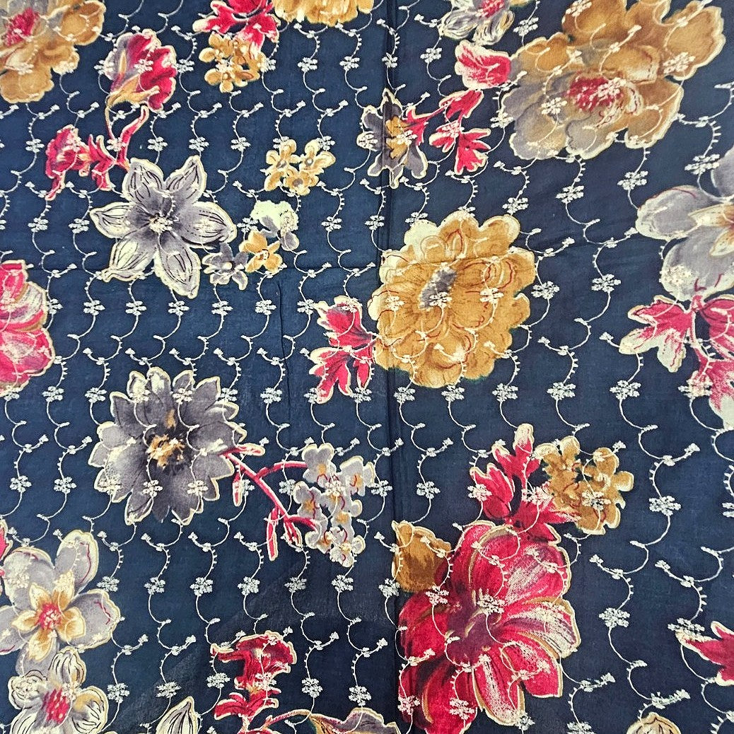 Blue Embroidery Cotton Fabric, laid flat
