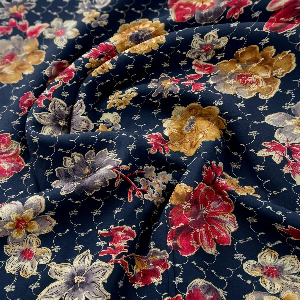 Blue Embroidery Cotton Fabric, swirled to show the drape