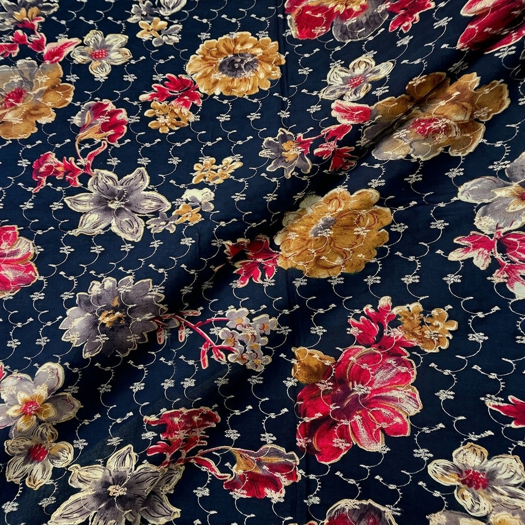 Folded Blue Embroidery Cotton Fabric