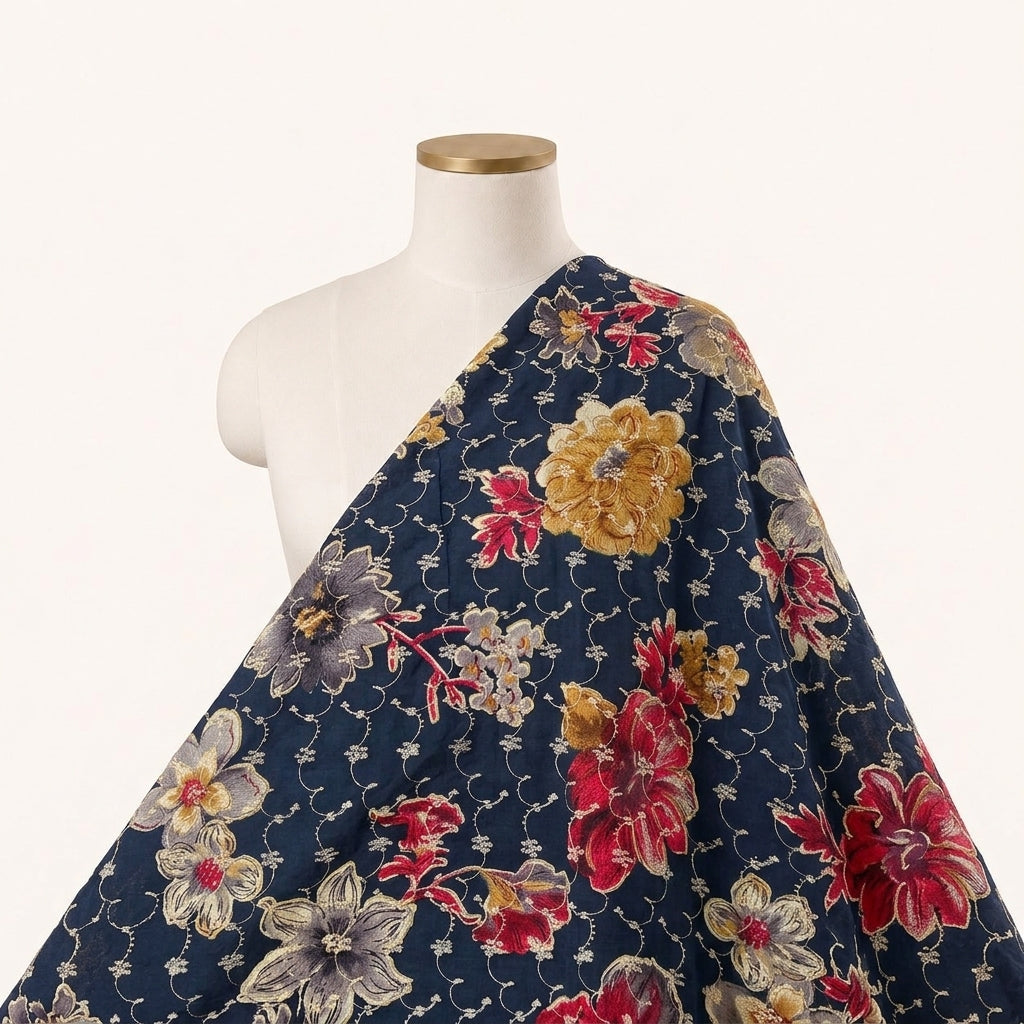 Blue Embroidery Cotton Fabric Draped as a saree