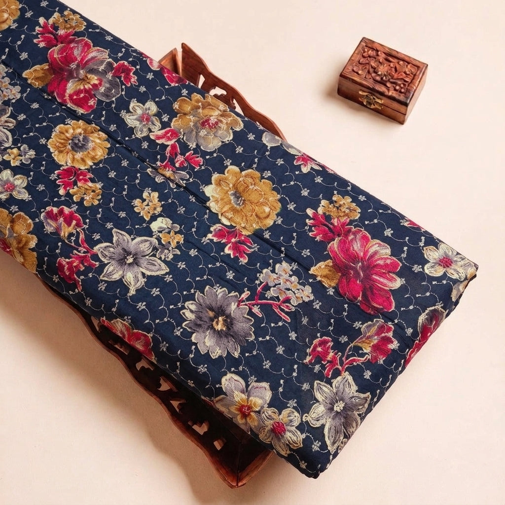 Blue Embroidery Cotton Fabric, folded