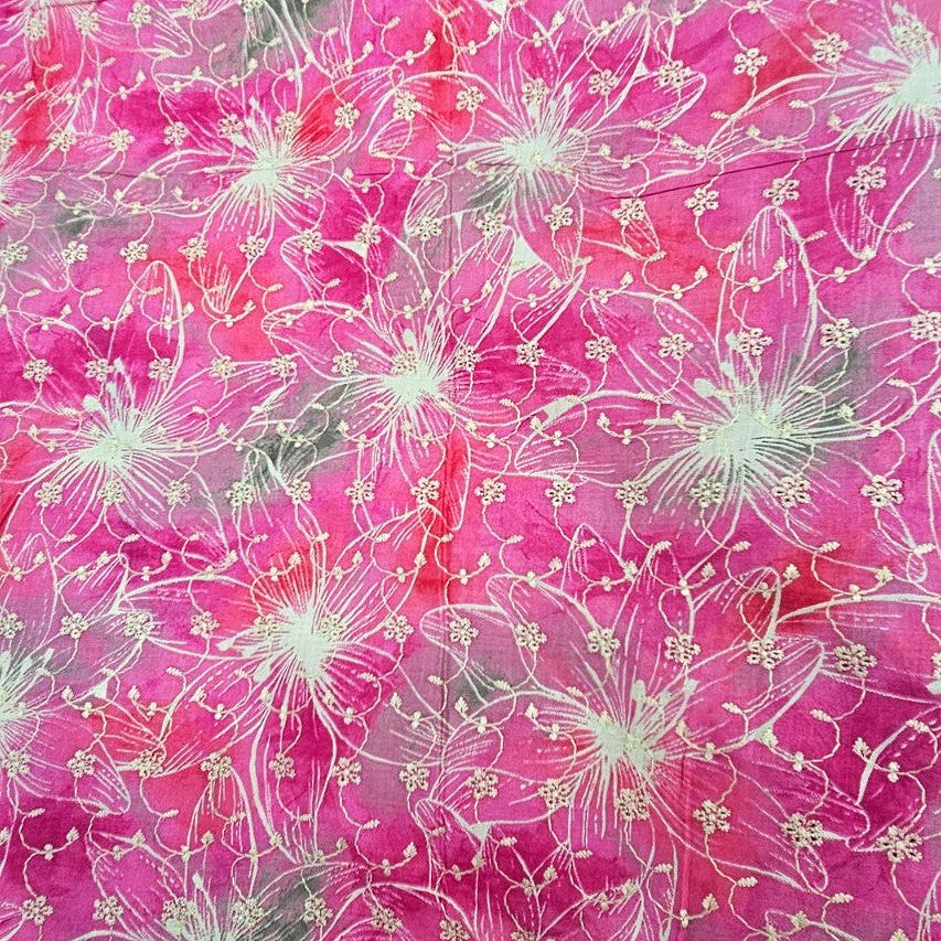 Pink Embroidery Cotton Fabric, laid flat