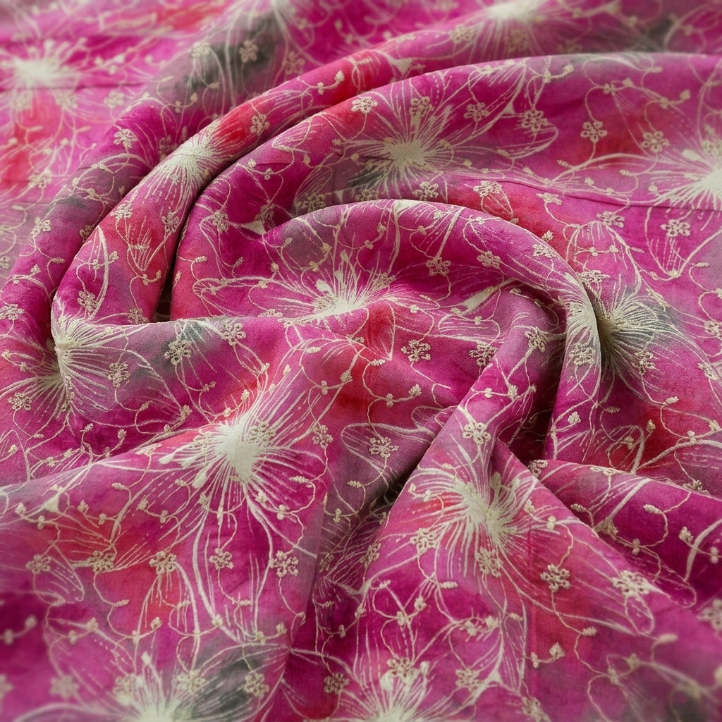 Swirled Pink Embroidery Cotton Fabric Showing Floral and Drape
