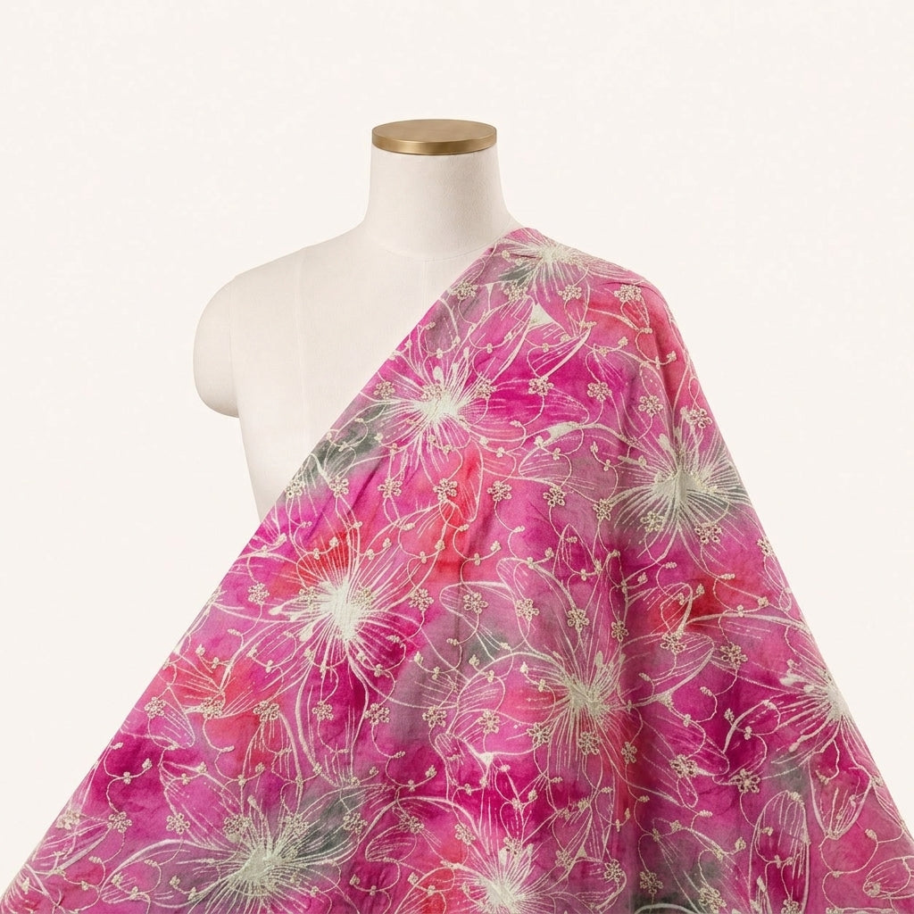 Pink Embroidery Cotton Fabric Draped as a saree