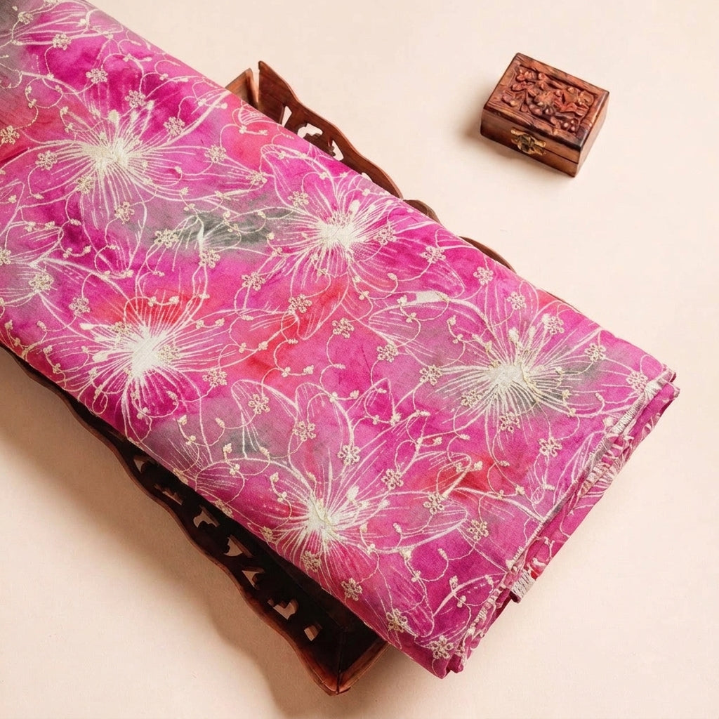 Folded Pink Embroidery Cotton Fabric Highlighting Floral and Texture