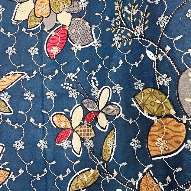 Blue Embroidery Cotton Fabric, laid flat
