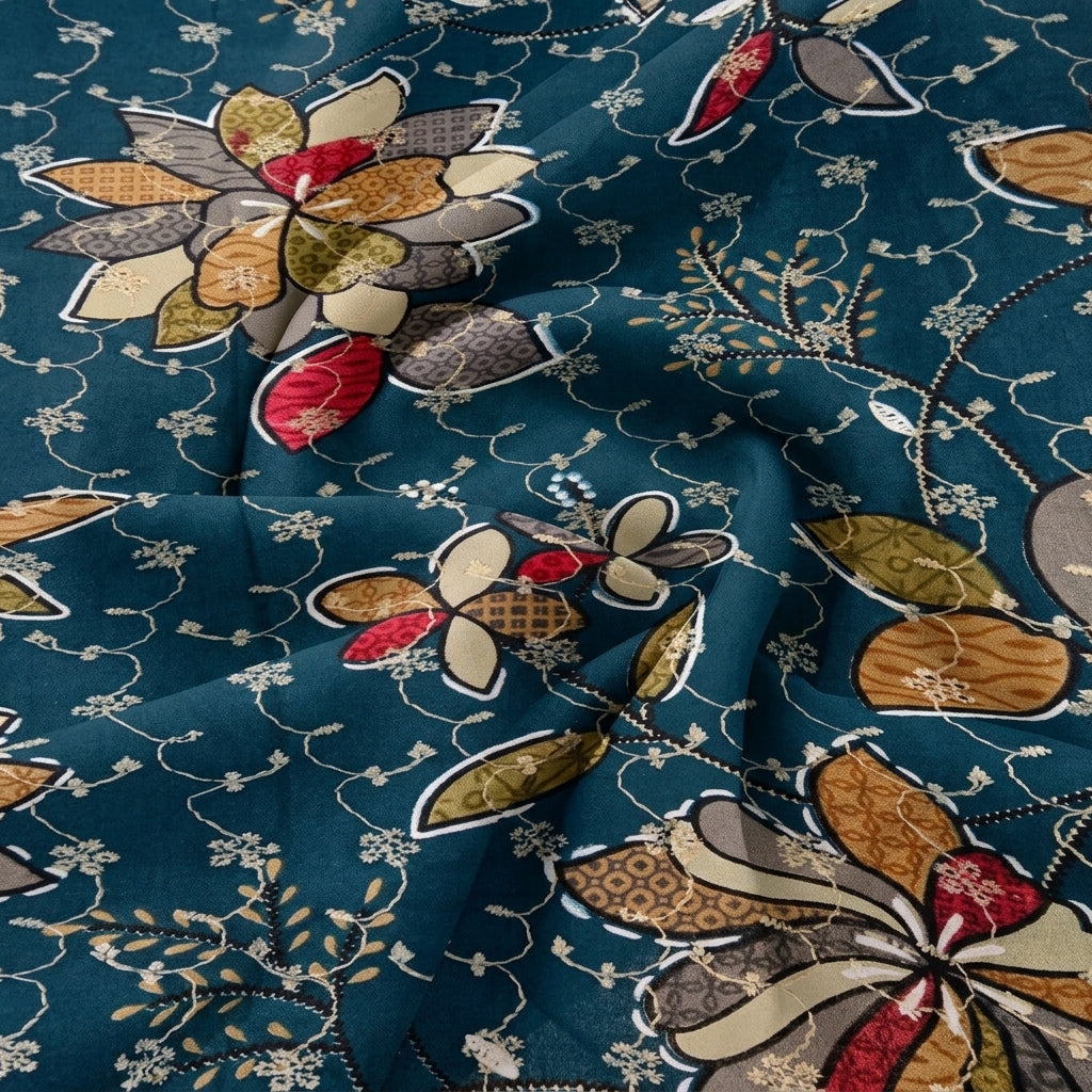 Swirled Blue Embroidery Cotton Fabric Showing Floral and Drape