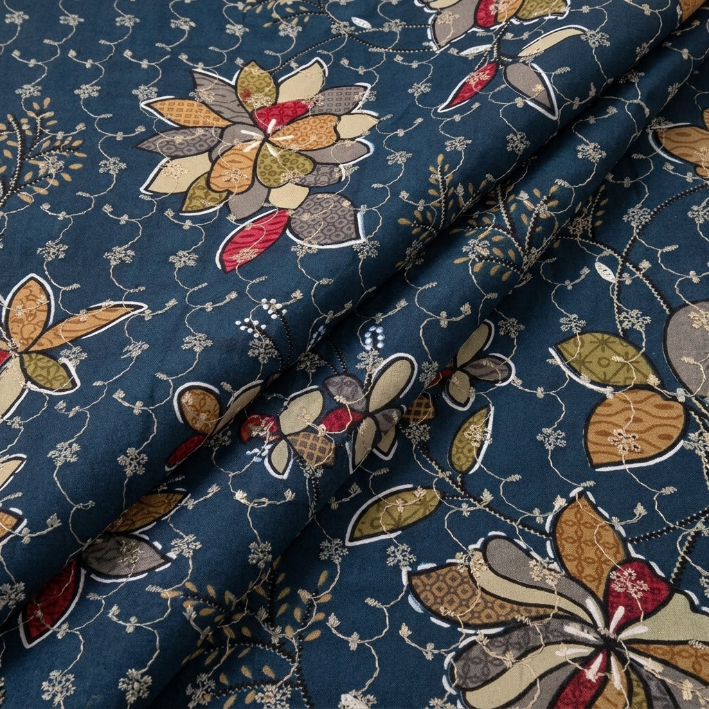 Blue Embroidery Cotton Fabric, folded