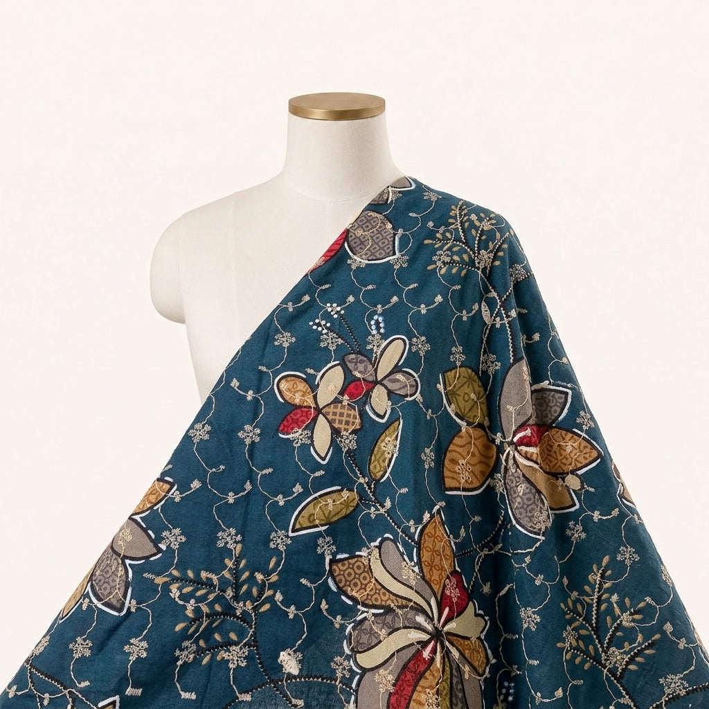 Blue Embroidery Cotton Fabric Draped as a saree