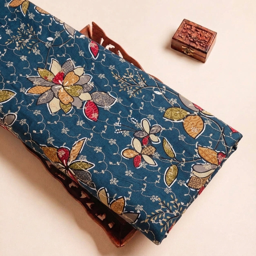 Blue Embroidery Cotton Fabric, folded