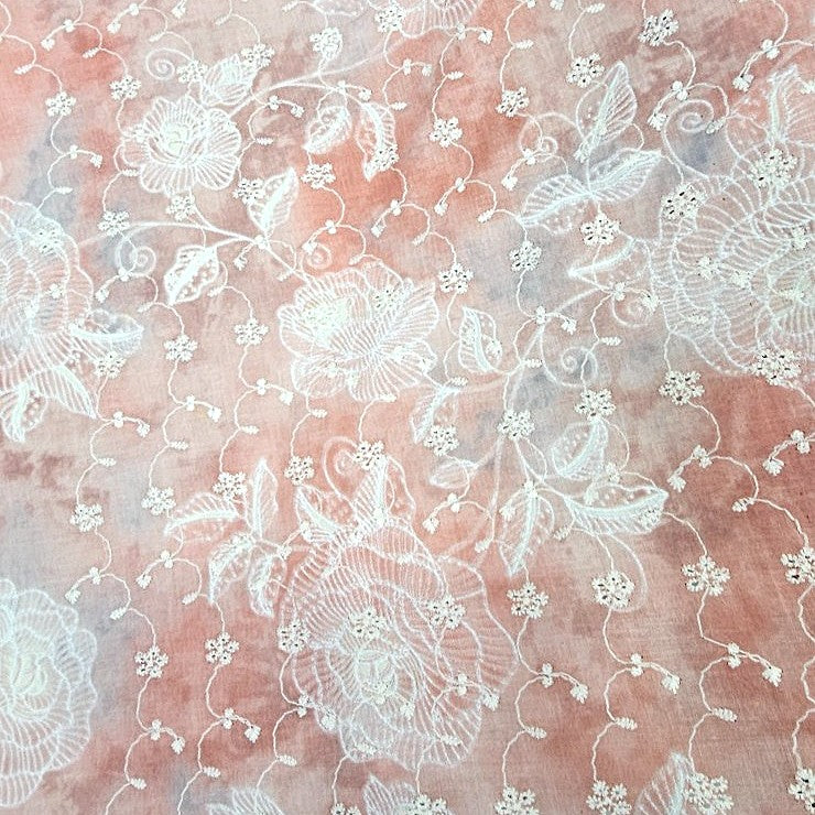 Peach Embroidery Cotton Fabric, laid flat