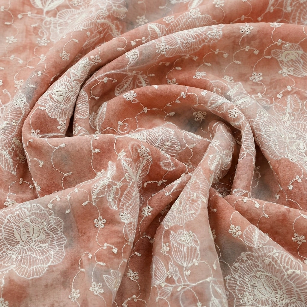 Swirled Peach Embroidery Cotton Fabric Showing Floral and Drape