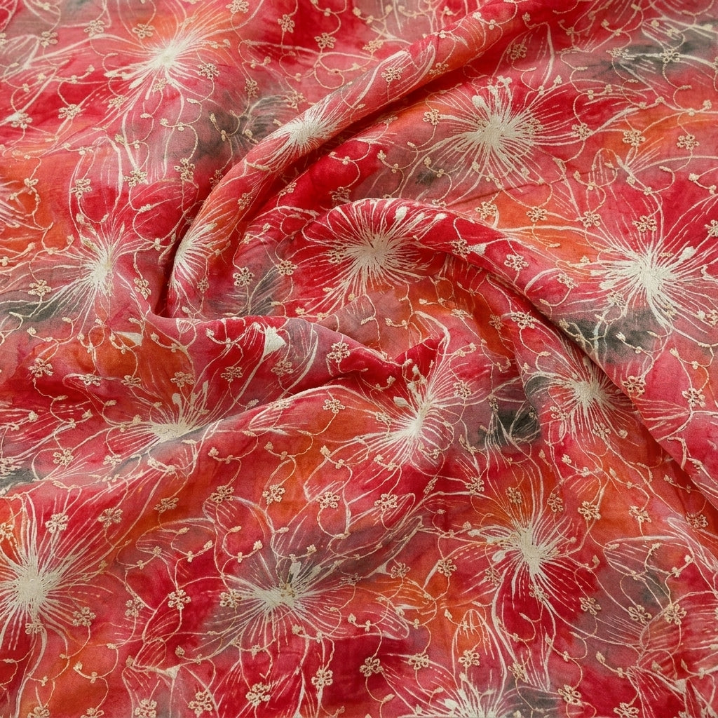 Swirled Red Embroidery Cotton Fabric Showing Floral and Drape
