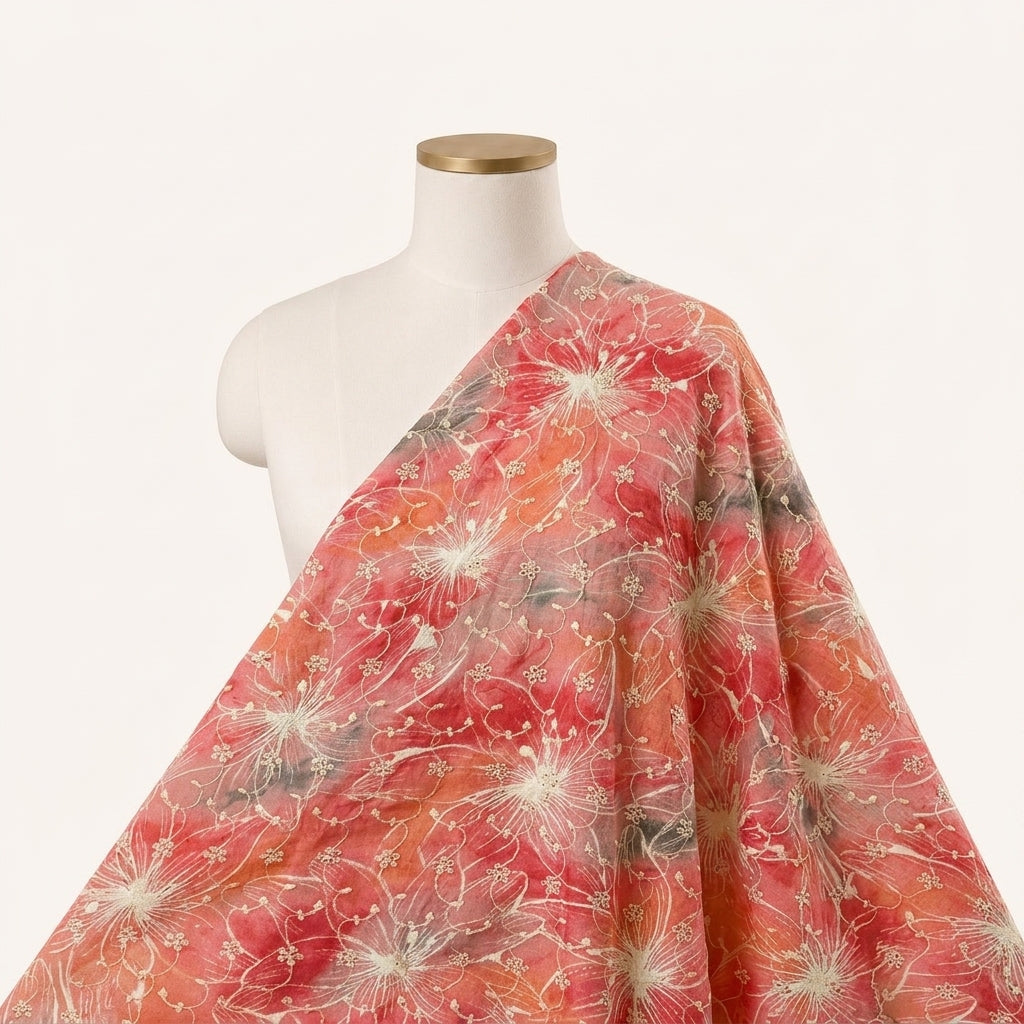 Red Embroidery Cotton Fabric Draped as a saree