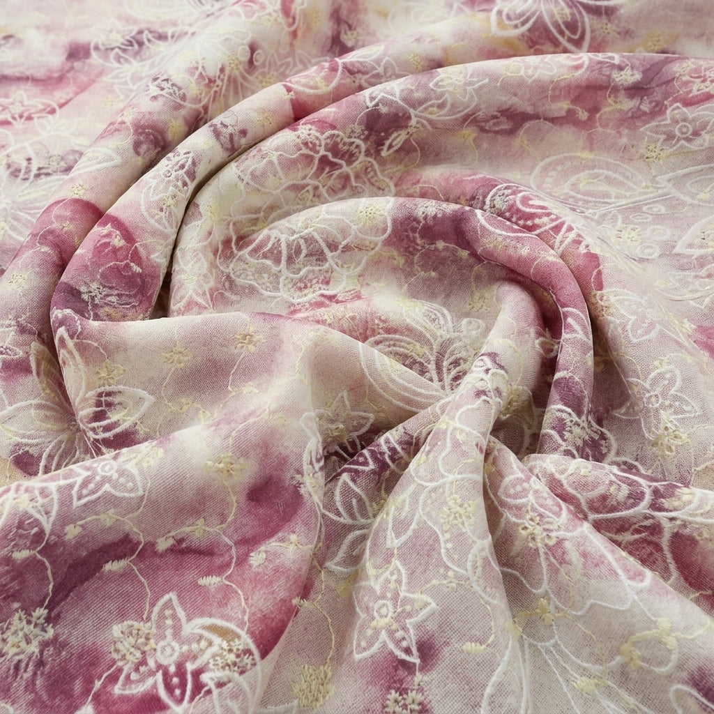 Swirled Pink Embroidery Cotton Fabric Showing Floral and Drape