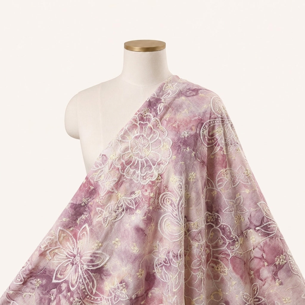 Pink Embroidery Cotton Fabric Draped as a saree