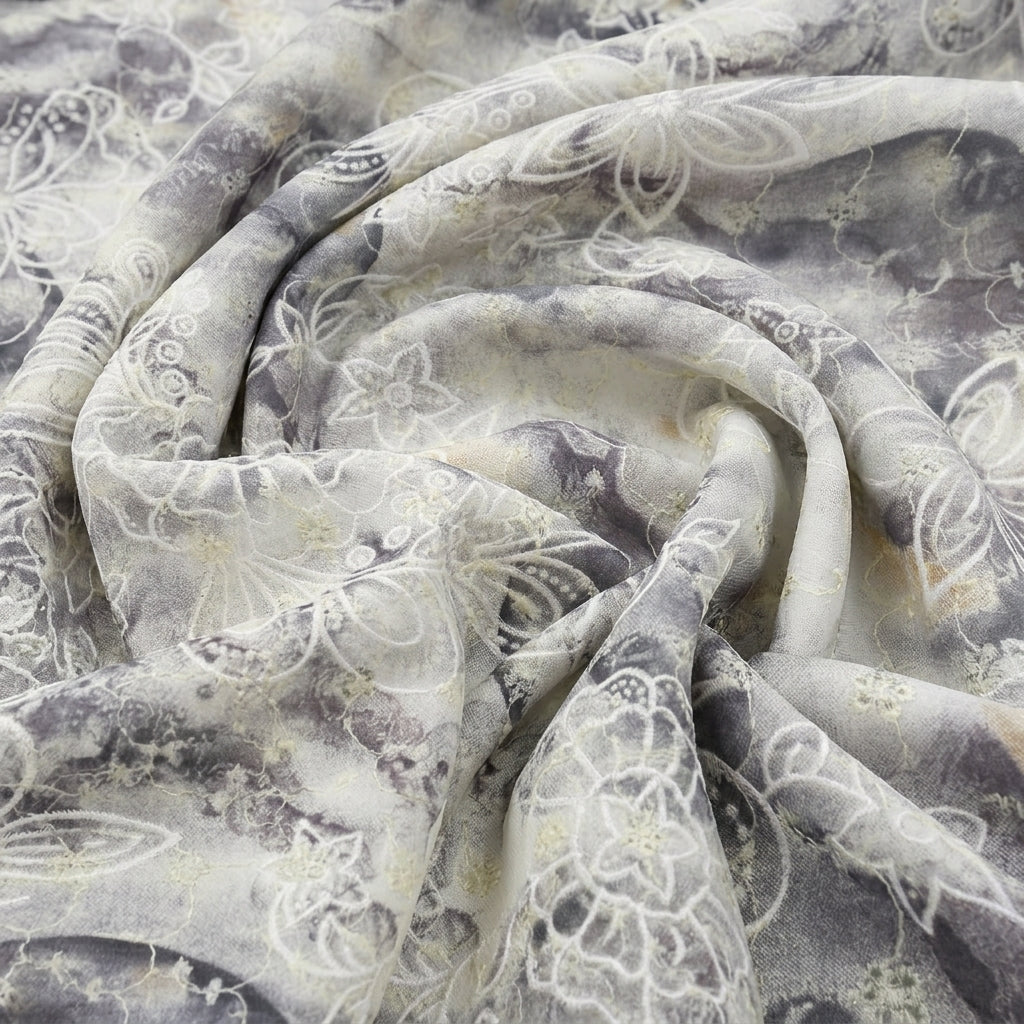 Swirled Grey Embroidery Cotton Fabric Showing Floral and Drape