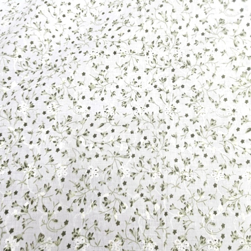 Green Cream Embroidery Cotton Fabric, laid flat