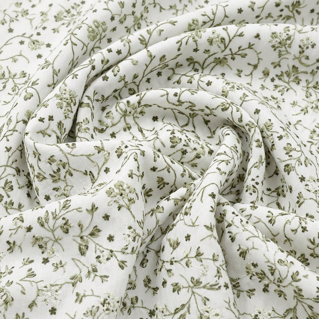 Swirled White Embroidery Cotton Fabric Showing Floral and Drape