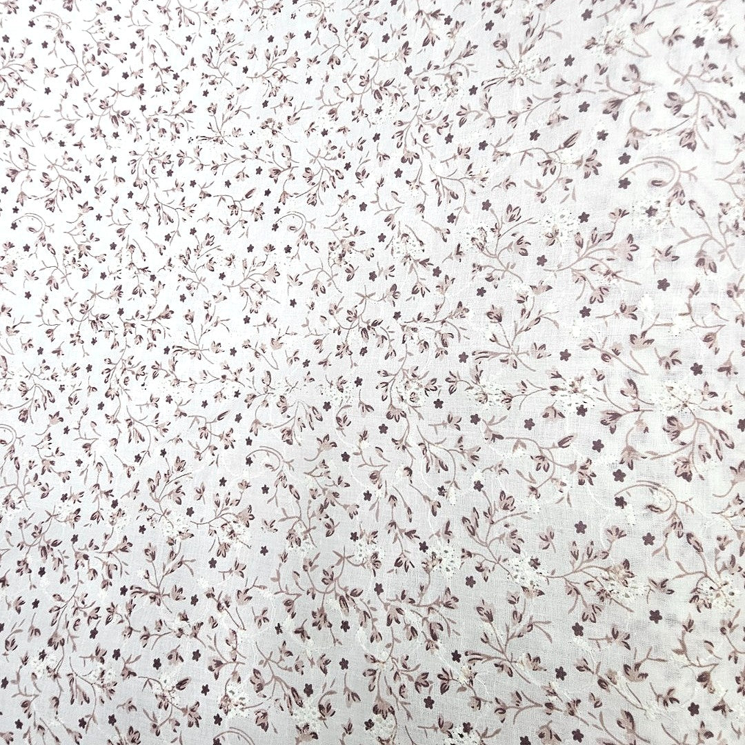 Light Brown Cream Embroidery Cotton Fabric, laid flat