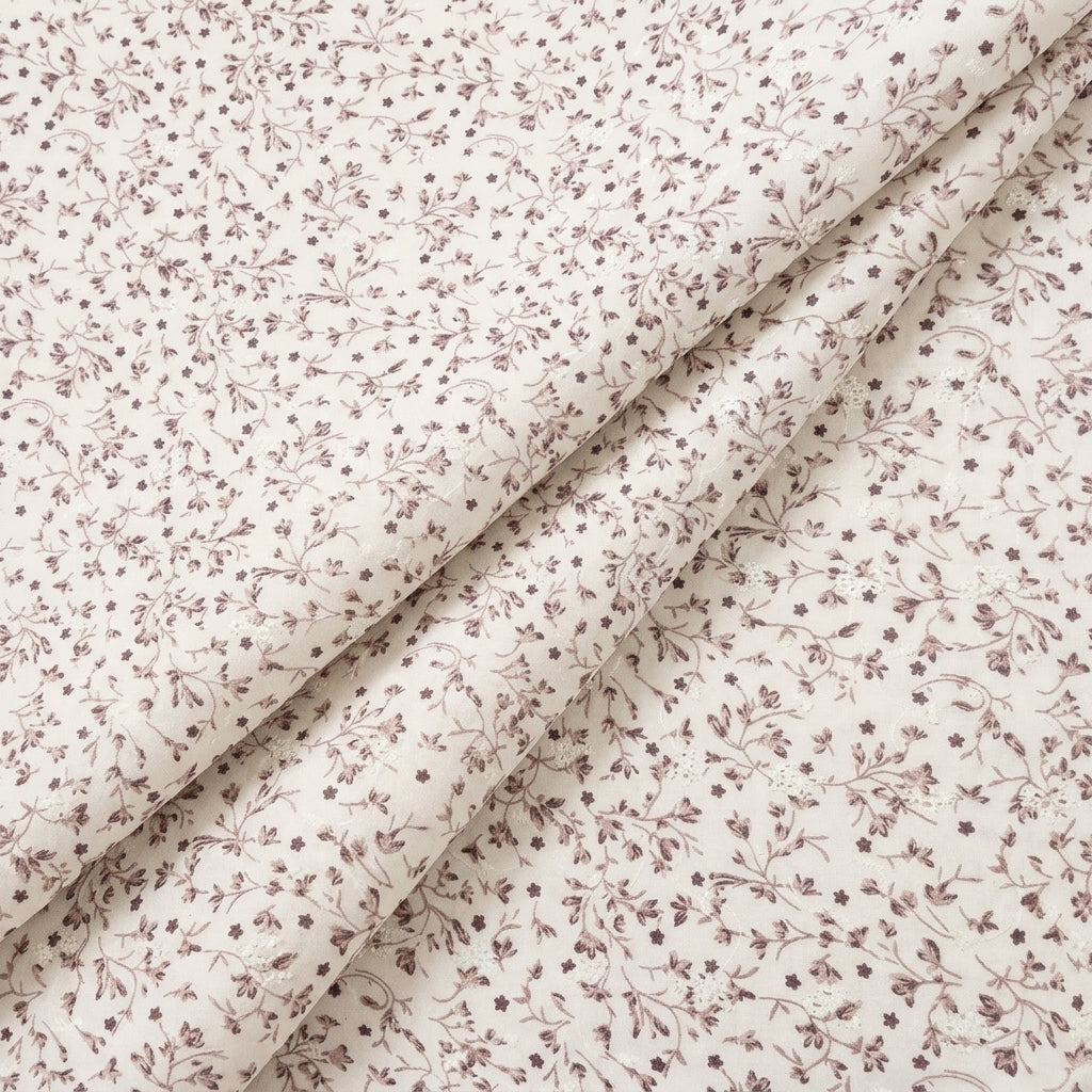 Light Brown Cream Embroidery Cotton Fabric, folded