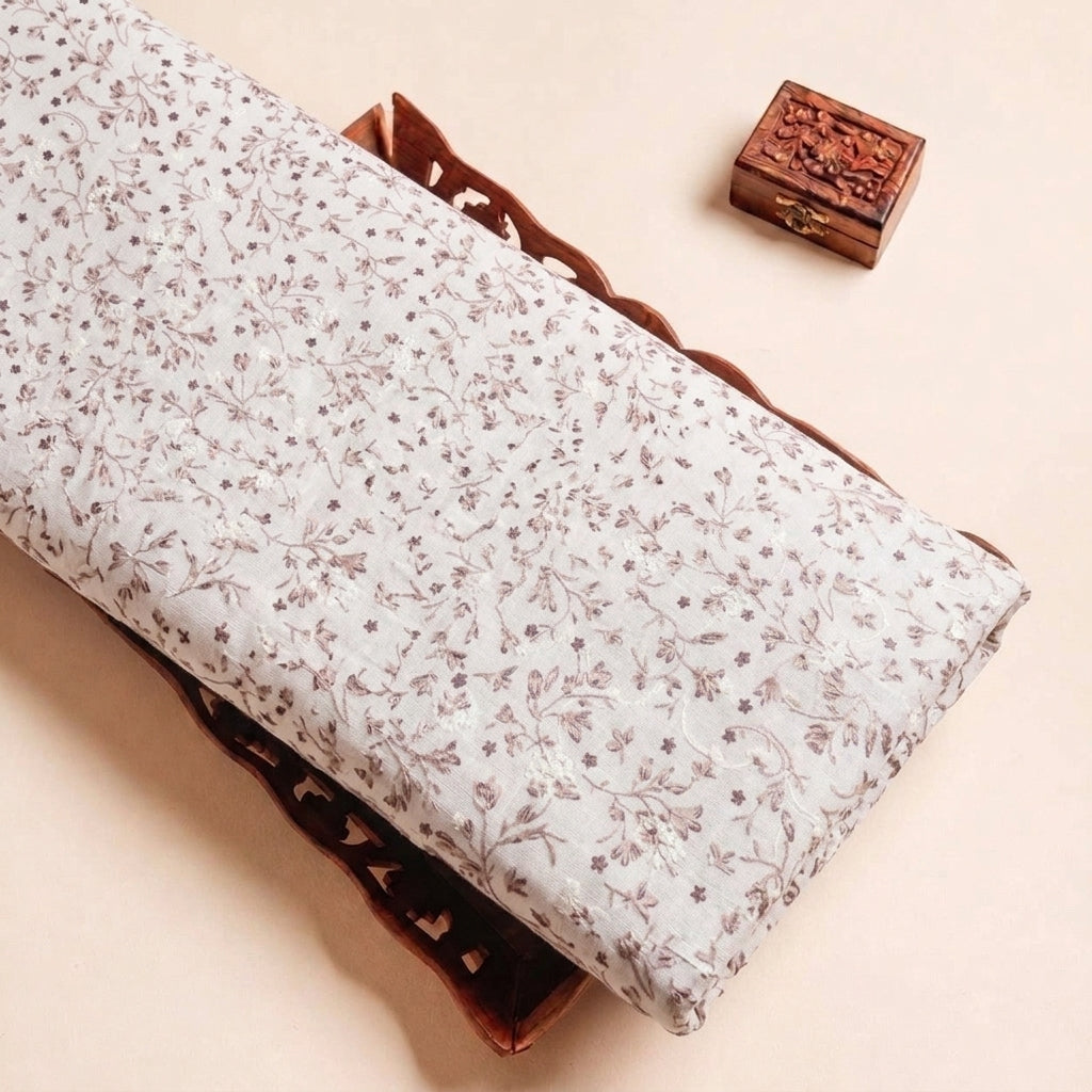 Light Brown Cream Embroidery Cotton Fabric, folded