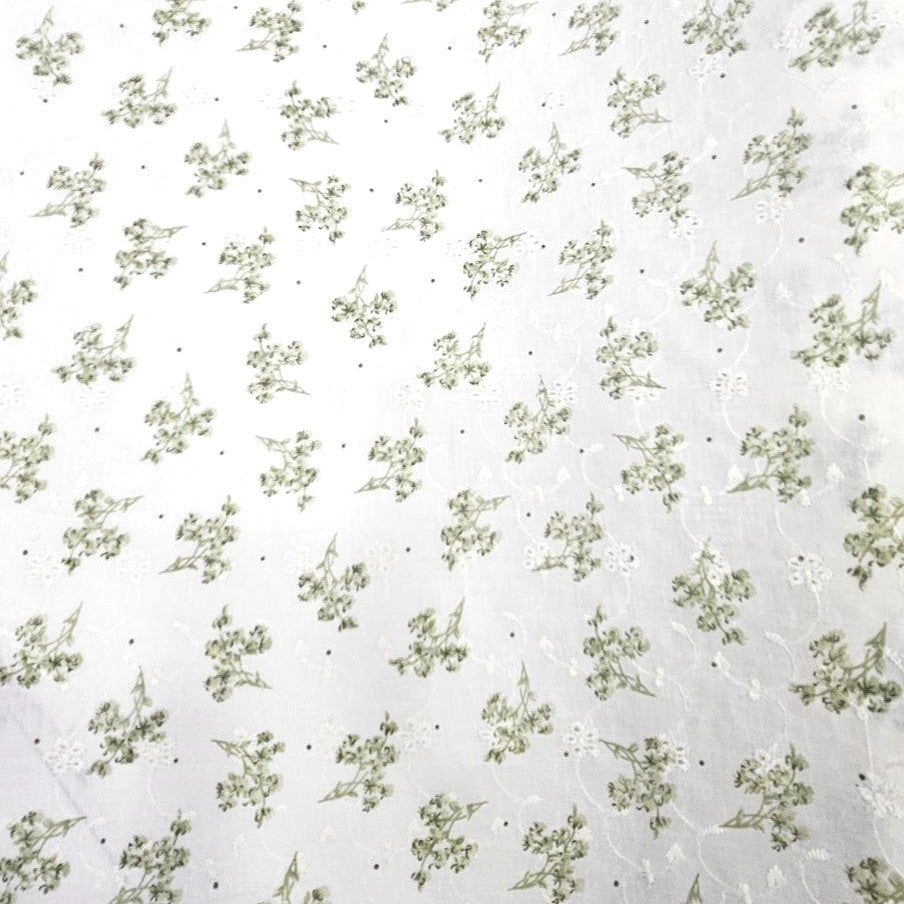 Green Cream Embroidery Cotton Fabric, laid flat