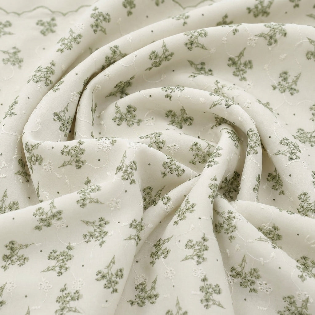 Swirled White Embroidery Cotton Fabric Showing Floral and Drape