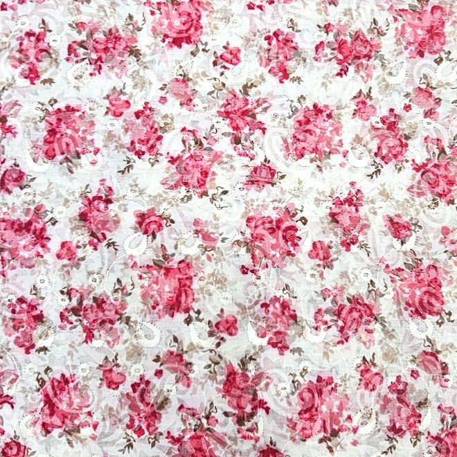 Pink Cream Embroidery Cotton Fabric, laid flat