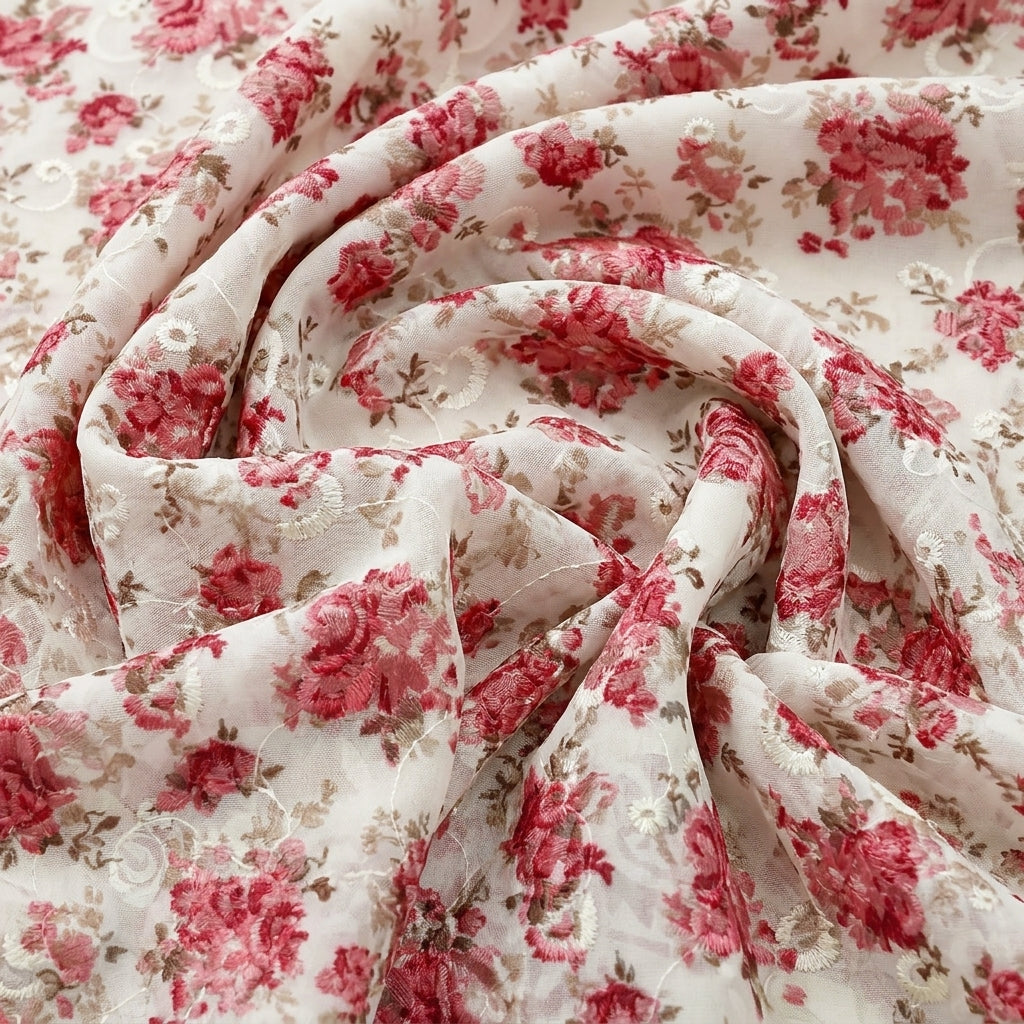 Swirled Cream Embroidery Cotton Fabric Showing Floral and Drape