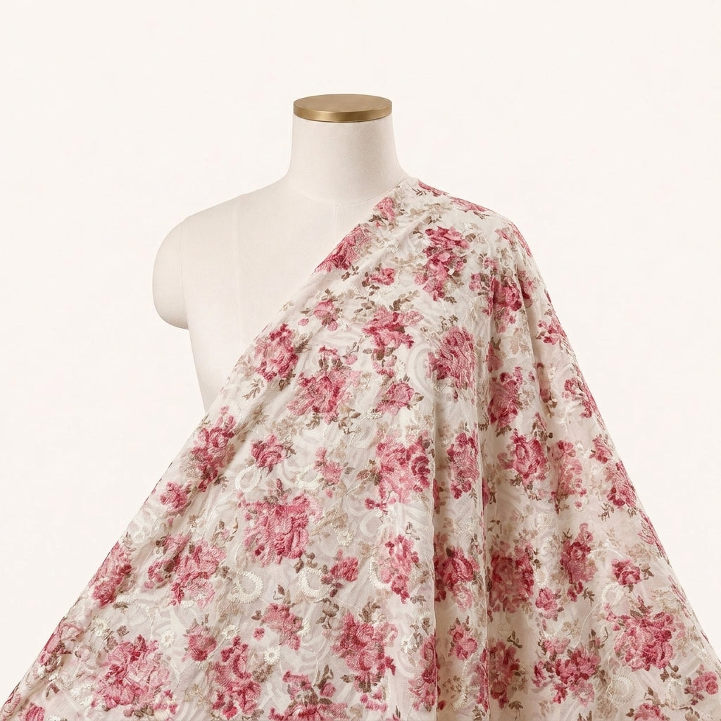 Cream Embroidery Cotton Fabric Draped as a saree