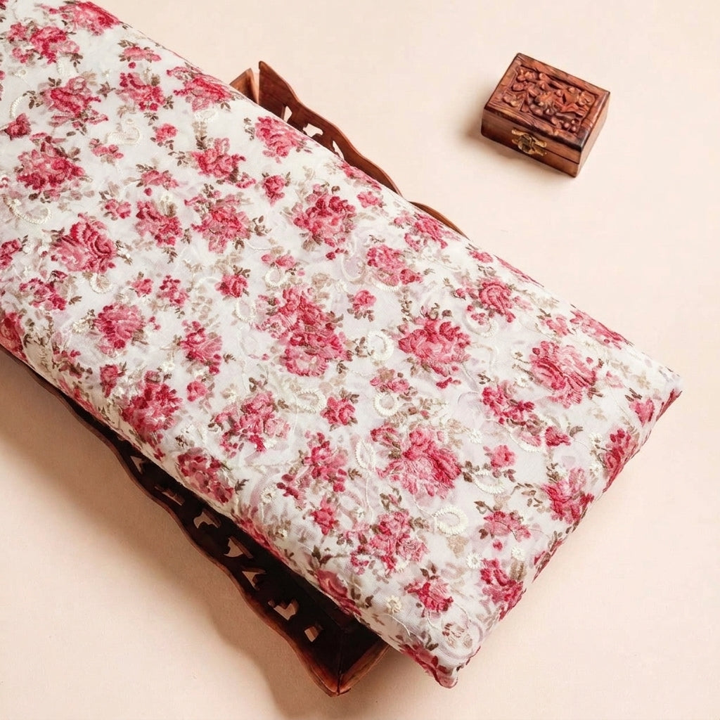 Pink Cream Embroidery Cotton Fabric, folded