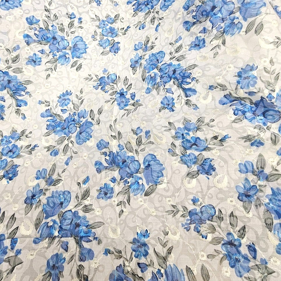 Blue Cream Embroidery Cotton Fabric, laid flat